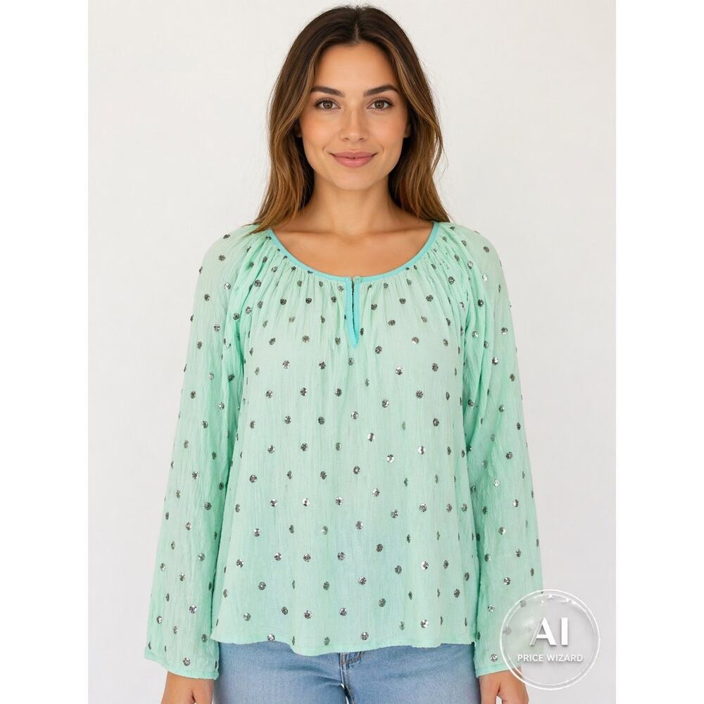 Scandal Italy Mint Green Sequin Blouse Sheer‎ Peasant Top Boho L NWT
